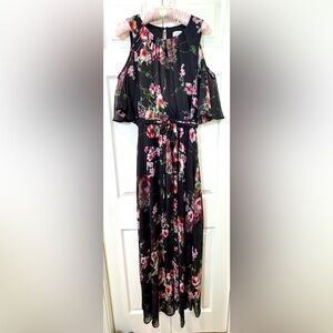 Calvin Klein Cold Shoulder Floral Chiffon Maxi Dress Women’s Size 14 EUC